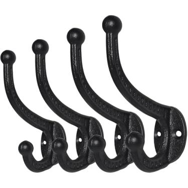 Imagem de Sopicoz Ganchos de ferro fundido, pacote com 4 ganchos vintage de fazenda, ganchos rústicos resistentes para pendurar em ambientes internos e externos (preto)