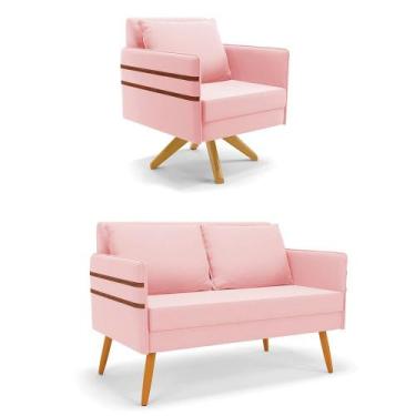 Imagem de Kit 01 Namoradeira 02 Lugares e 01 Poltrona Mari Suede Rosa Bebê Base 