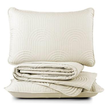 Imagem de Kit Cobre Leito Colcha Arcos Casal Padrão Dupla Face Matelado 200 Fios 3 Peças Baunilha Palha