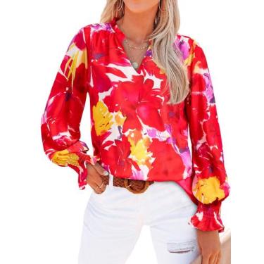 Imagem de Blusa feminina MASCOMODA com decote em V floral de manga comprida verm