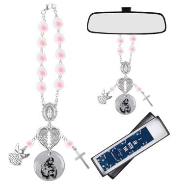 Imagem de MOIZYNG Rosário de carro para espelho retrovisor, rosário de pingente de carro de Jesus para pendurar no espelho salmo 91: 11 pulseiras com pingente de versículo da Bíblia, presentes religiosos