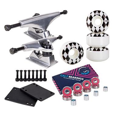 Imagem de Cal 7 Pacote de skate combo com caminhões de 129 mm / 129 mm, rodas 99A de 52 mm, conjunto completo de rolamentos e ferragens de aço (caminhão prata + rodas brancas da pista)