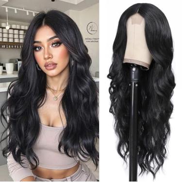 Imagem de Lovenia Peruca longa preta ondulada para mulheres, 66 cm, peruca encaracolada de comprimento para mulheres, peruca da parte do meio, com linha fina de renda, perucas sintéticas para cosplay para