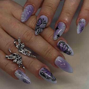 Imagem de RTKHFZE Unhas médias prensadas em formato de amêndoa, revestimento 3D e roxo ombré acrílico falso com design de borboleta, unhas de cobertura completa outono/inverno para mulheres/formaturas/festas