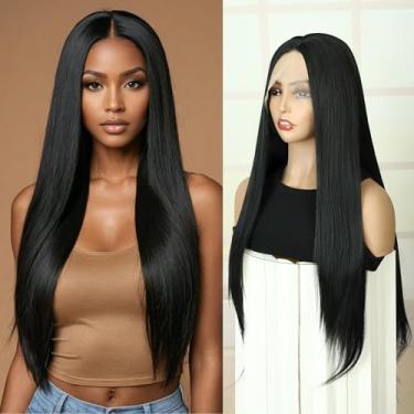 Imagem de QUEENTAS Peruca frontal de renda HD de 76 cm 33 x 7 cm peruca frontal sintética para mulheres negras, cabelo liso preto longo com linha do cabelo pré-arrancada, densidade de 180% peruca frontal preta