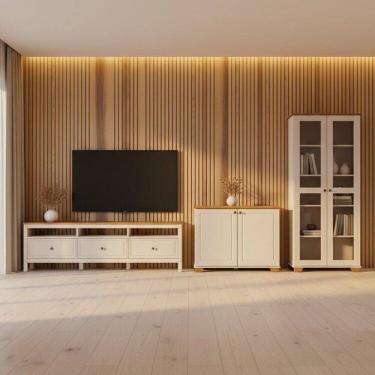 Imagem de Conjunto de Sala 3 Peças com 1 Rack, 1 Cristaleira e 1 Armário Ananda Cabecasa MadeiraMadeira Off White/Mel