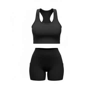 Imagem de Conjunto Fitness Feminino Short Com Bolso e Top Academia Liso Básico -