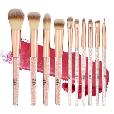 Imagem de Conjunto de pincéis de maquiagem profissionais de 10 peças com pedras brilhantes em ouro rosa - 10 pincéis de maquiagem de cerdas macias de qualidade para uso diário - Pincéis e ferramentas