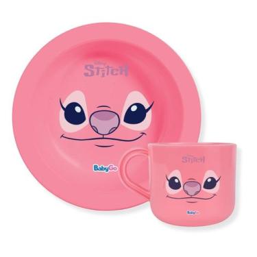Imagem de Kit Alimentação Xícara e Prato Angel Stitch Rosa Disney BabyGo