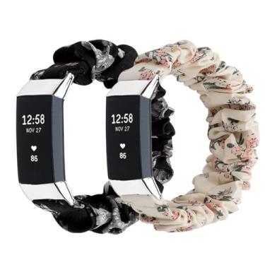 Imagem de Pulseira elástica elástica para relógio Fitbit Charge 2 para mulheres, grande, pequena, de tecido fofo, ajustável, pulseira elástica (flor cinza/flor de carne, grande)