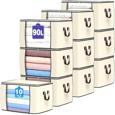 Imagem de Budding Joy Sacos de armazenamento grandes de 90 L, pacote com 10 caixas de armazenamento de roupas, organizadores de armário dobráveis, recipientes de armazenamento com alça reforçada para roupas