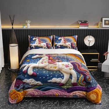 Imagem de lneffble Conjunto de edredom de lã de ovelha, unicórnio fofo, tamanho casal, 1 edredom felpudo felpudo com 2 fronhas