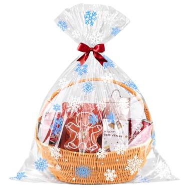 Imagem de CUDICY Sacos de presente de celofane de Natal, 10 peças, embalagem de presente grande, 61 x 76 cm, plástico transparente para embrulho de cesta (floco de neve azul)