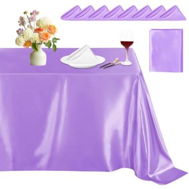 Imagem de PURREITTI Conjunto de toalha de mesa retangular de cetim roxo com guardanapos para eventos de festa de banquete de casamento, 1 peça de toalha de mesa macia sedosa de 159 x 250 cm, 8 guardanapos