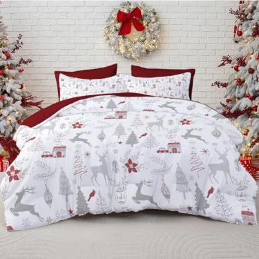 Imagem de Conjunto de edredom Queen de Natal, 7 peças, com estampa de rena e floco de neve em uma bolsa, macio e reversível, decoração de Natal, vermelho e branco 228 cm x 228 cm