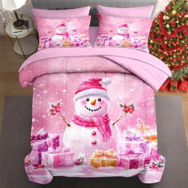 Imagem de WeCozy Conjunto de edredom de Natal King Size com 2 fronhas e 2 fronhas, boneco de neve rosa engraçado para crianças e adultos, cama de presente surpresa em uma bolsa com lençol de cima