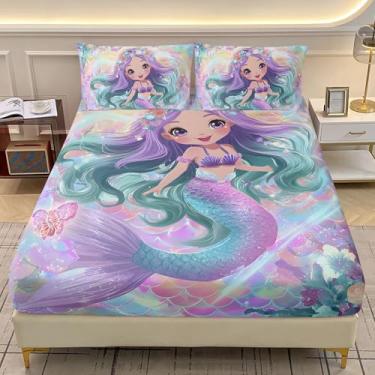 Imagem de AILONEN Jogo de cama solteiro de sereia, linda sereia floral e 2 fronhas, decoração de quarto com tema oceano, 3 peças para crianças e meninas