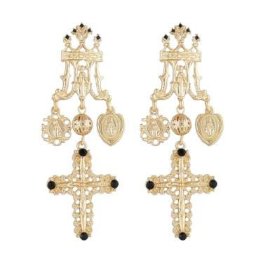 Imagem de HZMAN Brincos vintage com pingente de Virgem Maria folheados a ouro, brincos com pingente de cruz estilo palácio barroco