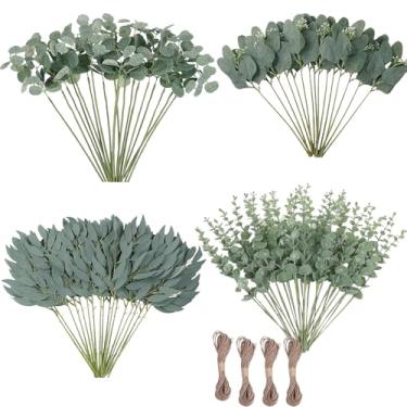 Imagem de Hastes artificiais de eucalipto, verde, folhas de eucalipto, 120 peças, 4 tipos de hastes verdes artificiais mistas, usadas para vasos de decoração de casamento, arranjo floral de buquê DIY