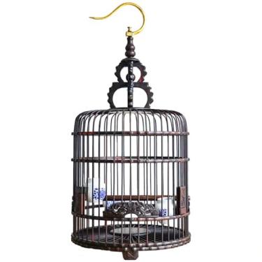 Imagem de Gaiola de pássaro de madeira redonda com ganchos portátil para sair, bagagens esculpidas, pombinhos e carriças ninho de pássaro (médio)