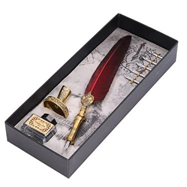 Imagem de Caneta de Pena, Padrões Finos de Caneta de Pena de Pena Com 1 Base de 5 Pontas para Prática de Caligrafia para Presentes (Vermelho escuro)