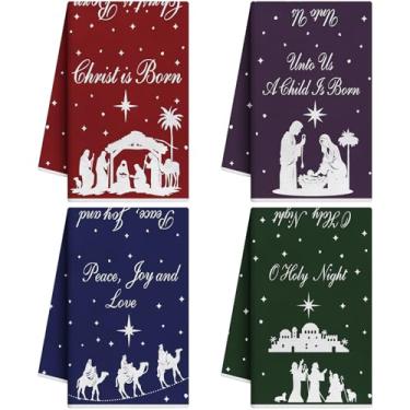Imagem de Hahafelt 4 peças de toalhas de cozinha de Natal, presépio 53 x 35 cm, pano de mão de Jesus Noite Santa, Jesus, aniversário, Natal, luz das estrelas, pano de chá, presentes de Natal novidade para
