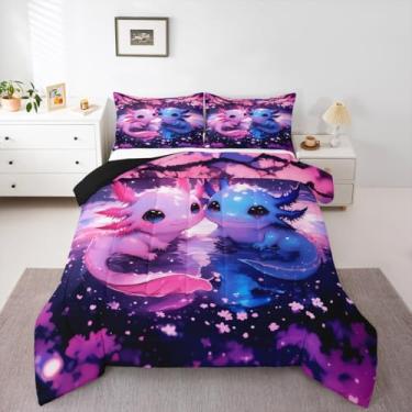 Imagem de Jogo de cama solteiro com estampa de axolote rosa e azul, para crianças, meninos, meninas, flor de cerejeira, oceano, salamandra, lençol com tema de animais kawaii, decoração de quarto