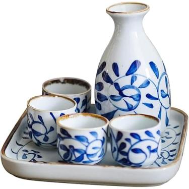 Imagem de JOEUQK Conjunto de 6 peças de saquê com bandeja de cerâmica, conjunto de cerâmica de saquê japonês durável com 1 garrafa de saquê e 4 copos de saquê, A