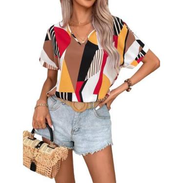 Imagem de Blusa feminina Floerns, manga curta, casual para negócios, marrom, GG