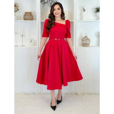 Imagem de Vestido Midi Social Elegante Decote Quadrado Assimétrico de Festa Conv