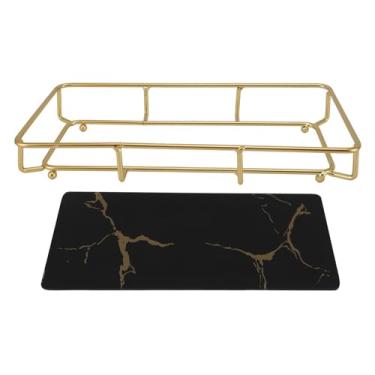 Imagem de Bandeja de banheiro moderna elegante antiderrapante pia de cozinha organizador de armazenamento de bancada de vidro de ferro organizador de bancada de banheiro (P preto)