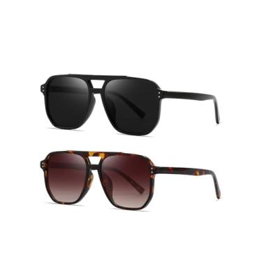 Imagem de (Pacote com 2) Óculos de sol retrô quadrado aviador feminino masculino anos 70 vintage moderno armação de plástico óculos de sol, Estampa preto/cinza + leopardo/marrom