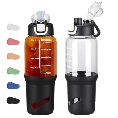 Imagem de SIEROZUR Garrafas de água de vidro de 946 ml com batedor de bola, coqueteleira para misturas de proteína, copo de vidro à prova de vazamento com 2 tampas e sem BPA, liquidificador para fitness, preto