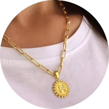Imagem de Colar com pingente circular inicial A-Z, joia personalizada de aço inoxidável com bordas decorativas, adequado para mulheres, F, Aço inoxidável, Sem Pedra Preciosa