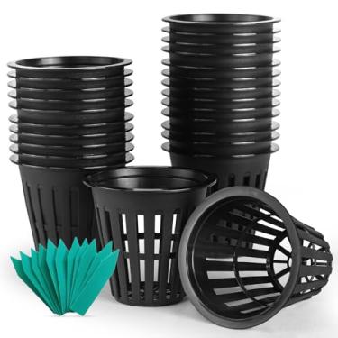 Imagem de Vasos de rede para hidroponia de 5 cm, pacote com 50 copos de rede de plástico de malha com ranhuras para jardim com etiquetas de plantas, cesta redonda de borda larga para hidroponia e aquaponia