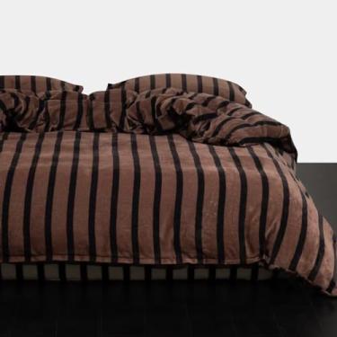 Imagem de Bedbay Conjunto de edredom king size, listrado, 3 peças, luxuoso, de veludo, macio, quente, fofo, com 2 fronhas, listras marrons e pretas, conjunto de cama king size para todas as estações