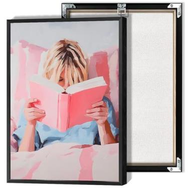 Imagem de Woman Reading In Bed Poster Vintage Pink Book Canvas Wall Art Preppy Cute Girly Bookish Estética Impressão Pintura para Sala de Estar Quarto Escritório Biblioteca Decoração de Parede 30 x 40 cm Sem