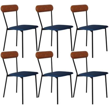 Imagem de Kit 06 Cadeiras Estofada Para Sala De Jantar Liora Preto C01 Linho Azul Courino Caramelo - Lyam Decor