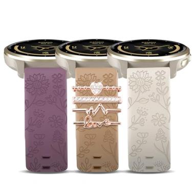 Imagem de HQzon Pulseira de silicone com gravação de flores de 22 mm compatível com Garmin Vivoactive 4/Venu 3/Venu 2, pulseira de substituição feminina compatível com Forerunner 265/965/255/955/745