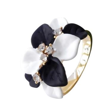 Imagem de Navachi Anel de flor de folhas de esmalte de cristal transparente banhado a ouro 18 k, 7, Zinco Esmalte, Cristal