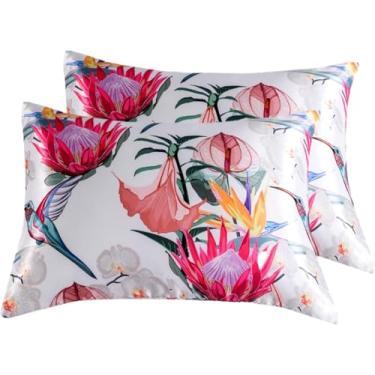 Imagem de URLINENS Fronha de cetim para cabelo e pele, macia e refrescante, semelhante a fronhas de seda, pacote com 2 capas de almofada de cetim tamanho padrão, presentes para mulheres (51 x 66 cm, pássaro