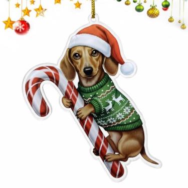 Imagem de Dachshund marrom marrom abraçando bengala doce dachshund presentes para mulheres ornamento de acrílico plano 2D - decoração de árvore de Natal, presentes para amantes de cães 2025