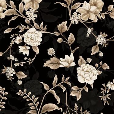 Imagem de Dimoon Papel de parede de 43 x 192 cm, papel de parede floral escuro, preto, dourado, vintage, espessamento, atualização, flor em relevo, para locatário, papel de parede, moderno, botânico, folha