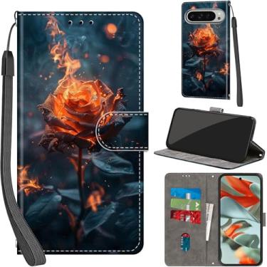 Imagem de Capa carteira para Google Pixel 9 Pro XL 2024, com [3 compartimentos para cartões], fecho magnético com suporte, couro PU, capa flip protetora à prova de choque 2024, Burning Roses