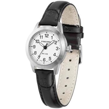 Imagem de PINDOWS Relógios femininos, elegante design analógico de quartzo com pulseira de couro, relógio feminino moderno à prova d'água com mostrador luminoso fácil de ler, M649N5: Preto prateado, Relógio