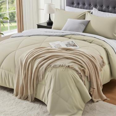 Imagem de BEDELITE Conjunto de edredom King Size 7 peças em uma bolsa – Conjunto de cama de aveia reversível de microfibra macia com edredom, lençóis, fronhas e fronhas, conjunto de cama luxuoso aconchegante