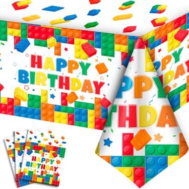 Imagem de 3 peças de toalha de mesa para blocos de montar, 188 x 108 cm, blocos de construção, blocos coloridos, blocos de tijolos, capa de mesa para decoração de festa