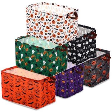 Imagem de Vesici Pacote com 6 cestas de Halloween para presentes, caixas de armazenamento vazias dobráveis de Halloween com alça retangular, cesta de armazenamento de fantasmas de abóbora para crianças