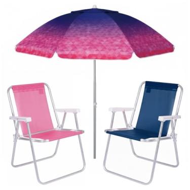 Imagem de Kit Praia 2 Cadeiras Guarda Sol 2m Alumínio Sombreiro Aruba Azul Marinho Rosa