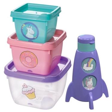 Imagem de Kit Infantil Lancheira Escolar Garrafa Foguete 320ml e Três Potes De Unicórnio Passeio Viagens
